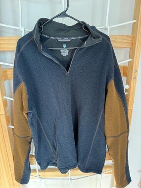 Men’s Navy Zip Pullover Sweater with Brown Sleeves